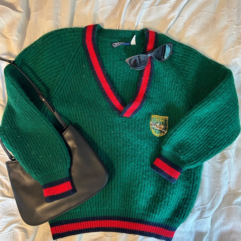 Green Sweater with Stripes and Patch